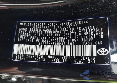 2022 Toyota Corolla Le z USA, uszkodzony, nr VIN 5YFEPMAE8NP361699